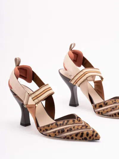 Fendi High-heeled Mesh And Multicolor Cavallino Calfskin Slingbacks In Multi