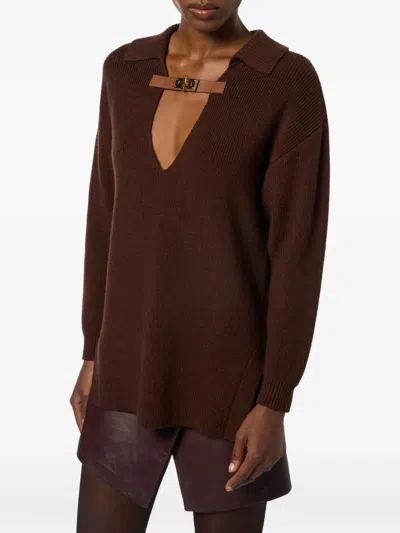 Elisabetta Franchi Sweater In Mixed Wool With A Jewel Strap In Brown