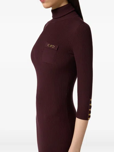Elisabetta Franchi Bordeaux Turtle-neck Dress With Logo Plaque On The Front In Fabric Woman In Black