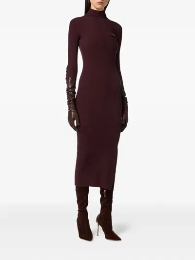 Elisabetta Franchi Bordeaux Turtle-neck Dress With Logo Plaque On The Front In Fabric Woman In Black
