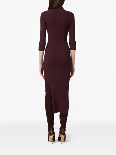 Elisabetta Franchi Bordeaux Turtle-neck Dress With Logo Plaque On The Front In Fabric Woman In Black