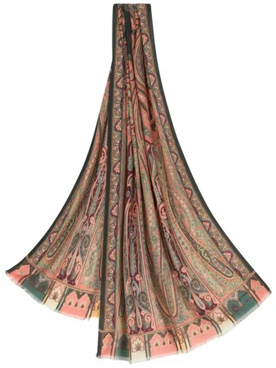 Etro Paisley Print Scarf With Frayed Edges In Brown