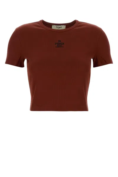 Fendi Embroidered Logo Short Sleeve Top In Brown
