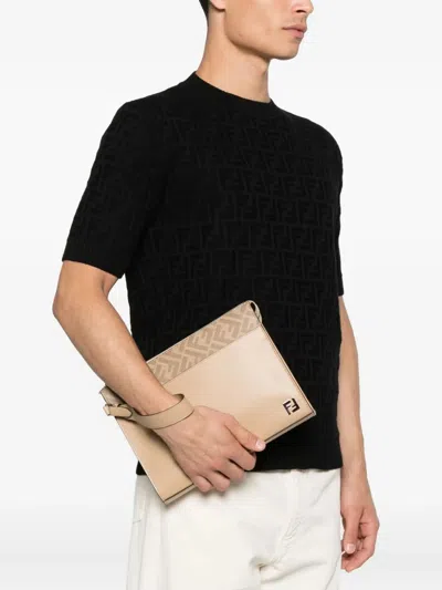 Fendi Ff-motif Leather Clutch Bag In Brown