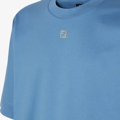Fendi Men Blue Crew Neck T-shirt With Metallic Logo On The Front In Cotton Man In Blue