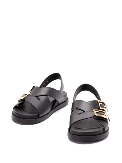 Fendi Women Black Singback Sandals With Ff Buckle Closure And Criss-crossed Straps In Leather Woman In Black