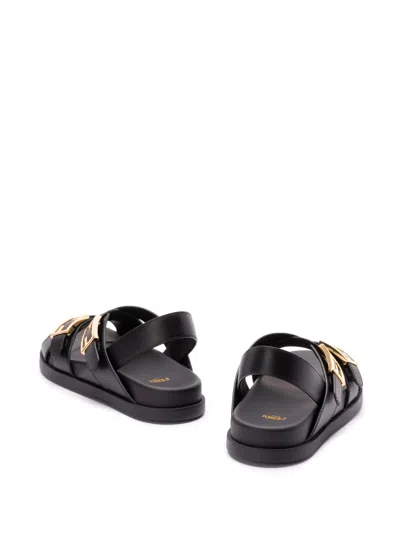 Fendi Women Black Singback Sandals With Ff Buckle Closure And Criss-crossed Straps In Leather Woman In Black