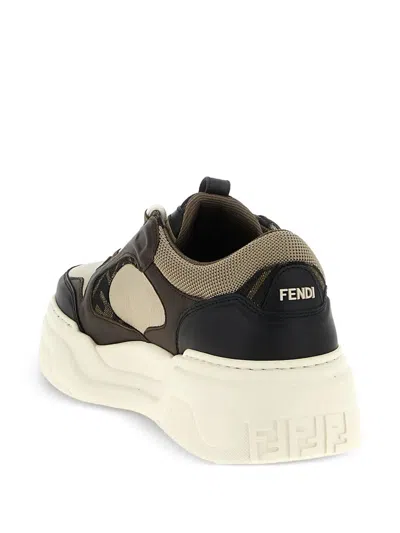Fendi Force Leather Sneakers With Ff Jacquard And Mesh Details Shoes In Multi