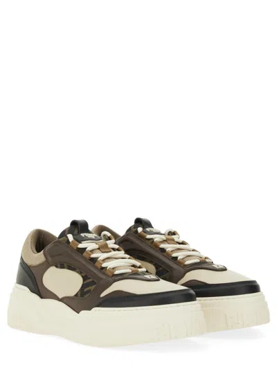 Fendi Force Leather Sneakers With Ff Jacquard And Mesh Details Shoes In Multi