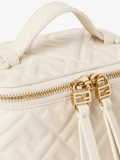 Fendi Vanity Handbag Adjustable Strap Embossed Pattern Top Handle In White
