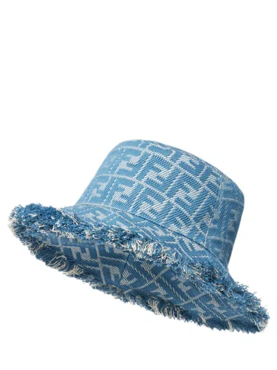 Fendi Ff Jacquard Denim Frayed Hat In Blue