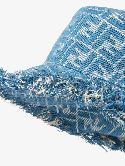 Fendi Ff Jacquard Denim Frayed Hat In Blue