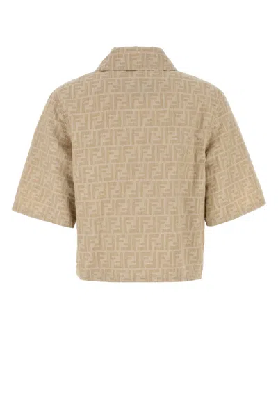 Fendi Women Beige Shirt With Classic Collar And Front Zip Closure In Chambray Ff Woman In Neutral