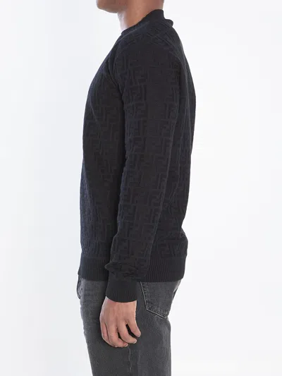 Fendi All Over Knit Round Neck Long Sleeves In Black