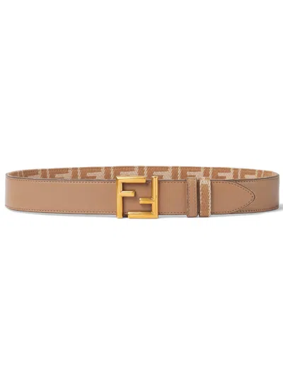 Fendi Reversible Belt In Ff Jacquard With Denim And Leather Effect In Brown