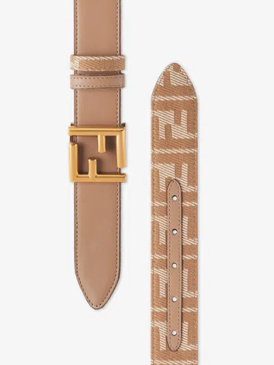 Fendi Reversible Belt In Ff Jacquard With Denim And Leather Effect In Brown