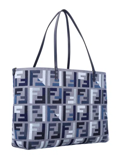 Fendi Roll Large Canvas Shopper With Ff Embroidery In Blue