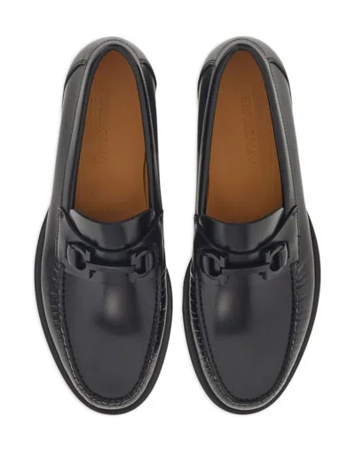 Ferragamo Black Reversible Gancini Ornament Loafers In Nero