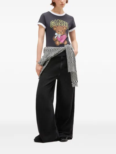 Ganni T-shirt With White Hems And Teddy Bear Print In Gray