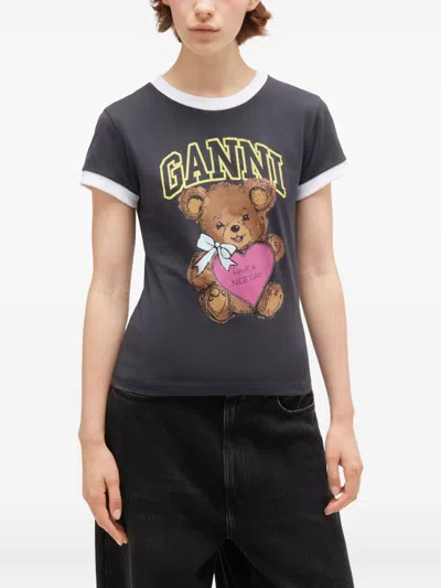 Ganni T-shirt With White Hems And Teddy Bear Print In Gray