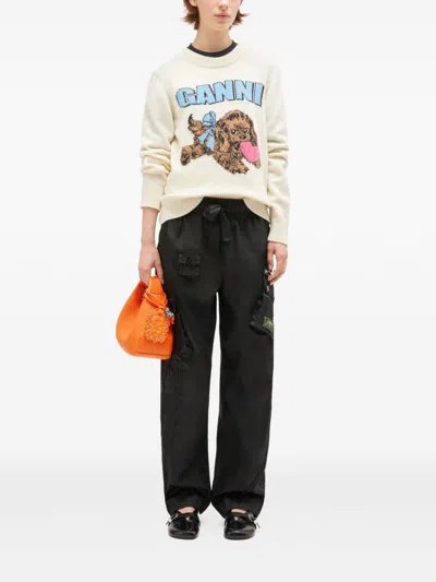 Ganni Crafted Wool Blend Puppy Love Crewneck Sweater In White