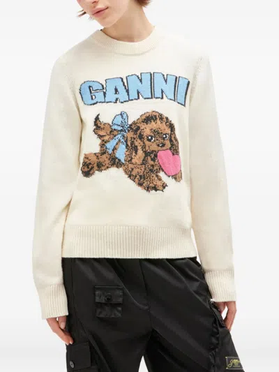 Ganni Crafted Wool Blend Puppy Love Crewneck Sweater In White