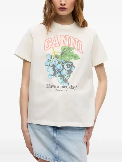 Ganni Ivory T-shirt With Grape Print In Neutral
