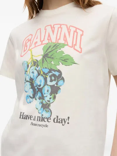 Ganni Ivory T-shirt With Grape Print In Neutral