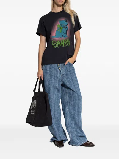 Ganni Women Black Crewneck T-shirt With Maxi Logo On The Front In Cotton Jersey Woman In Black