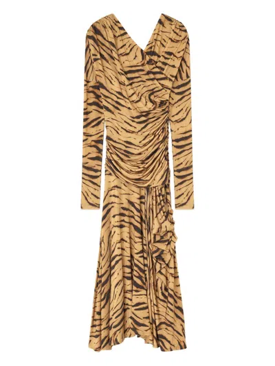 Ganni Asymmetric Draped Tiger-print Maxi Dress In Multi