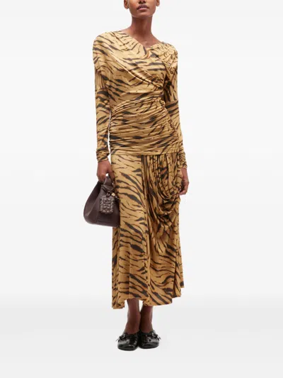 Ganni Asymmetric Draped Tiger-print Maxi Dress In Multi