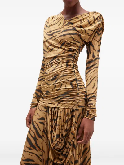 Ganni Asymmetric Draped Tiger-print Maxi Dress In Multi