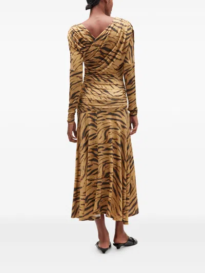 Ganni Asymmetric Draped Tiger-print Maxi Dress In Multi