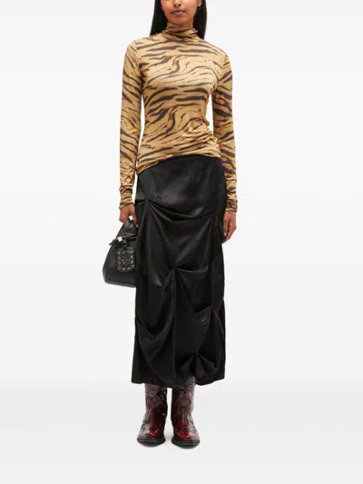 Ganni Tiger Print Long Sleeve Turtleneck Knitwear In Brown
