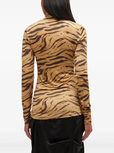 Ganni Tiger Print Long Sleeve Turtleneck Knitwear In Brown