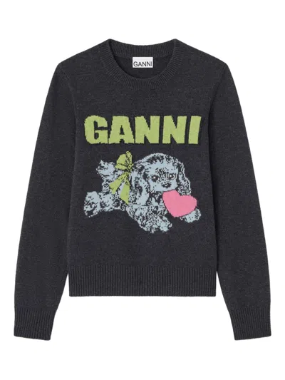 Ganni Playful Puppy Love Graphic Wool Blend Crewneck Sweater In Black