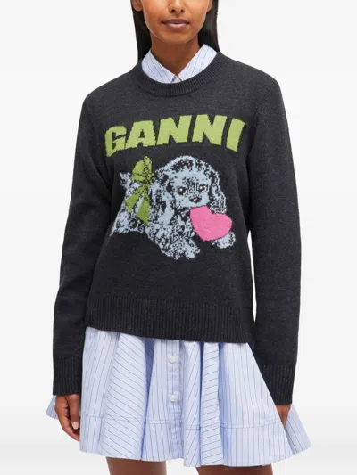 Ganni Playful Puppy Love Graphic Wool Blend Crewneck Sweater In Black