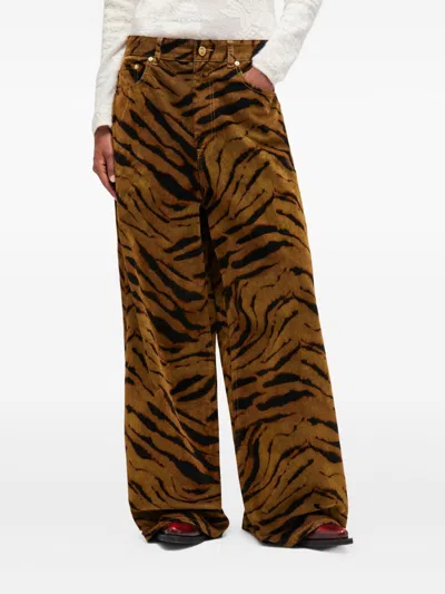 Ganni Zebra-print Cotton-blend Velveteen Wide-leg Pants In Brown