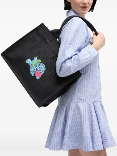 Ganni Tote Bag In Canvas Black With Puppy Print