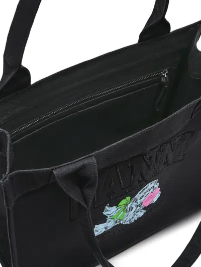 Ganni Tote Bag In Canvas Black With Puppy Print