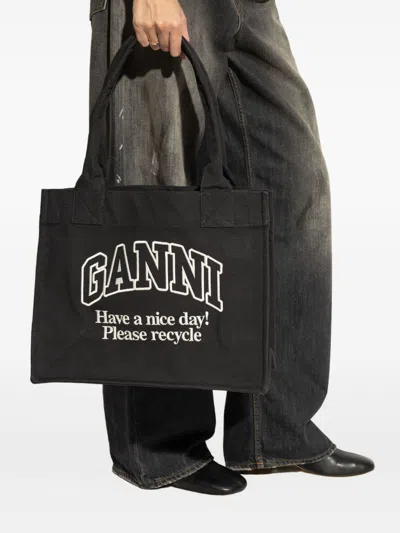 Ganni Women Black Shopper With Embroidered Logo On The Front In Denim Woman