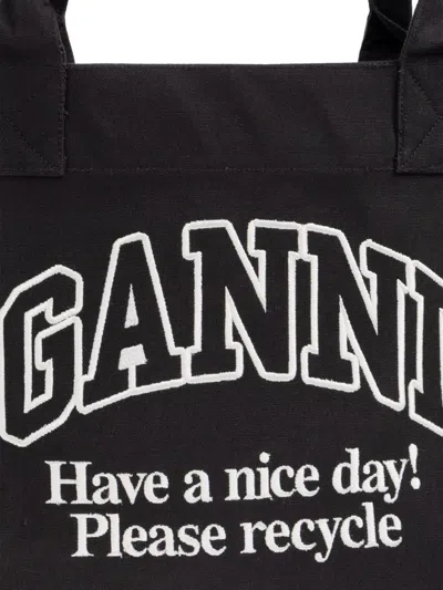 Ganni Women Black Shopper With Embroidered Logo On The Front In Denim Woman
