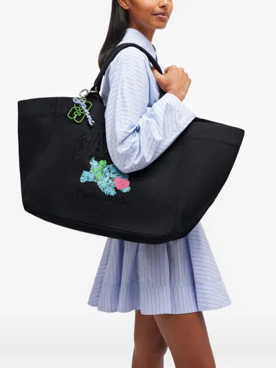 Ganni Xxl Logo-embellished Canvas Tote Bag In Black