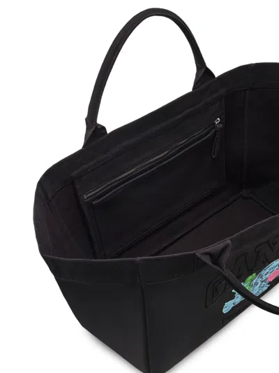 Ganni Xxl Logo-embellished Canvas Tote Bag In Black