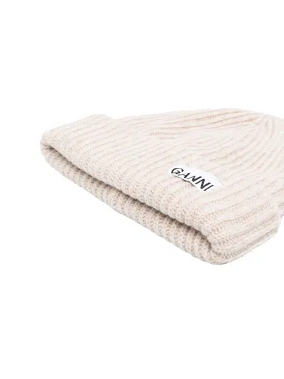 Ganni Oversized Wool Rib Knit Beanie In Neutral