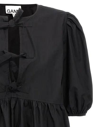 Ganni Cotton Poplin Tie String Mini Dress In Black