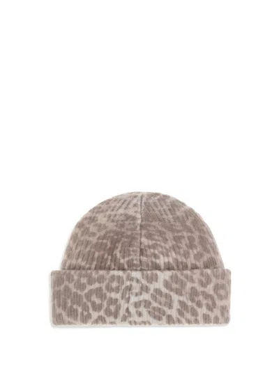 Ganni Graphic Wool Mix Printed Leopard Beanie In Gray