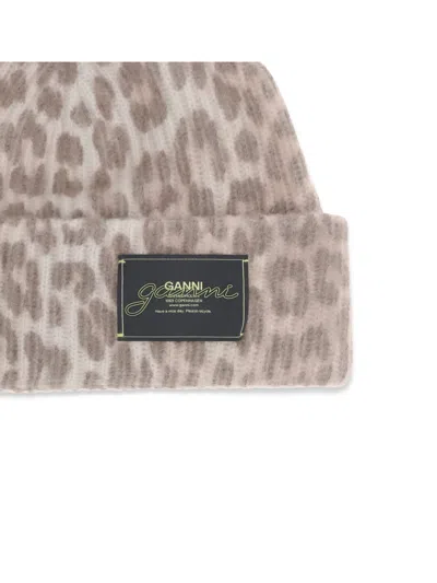 Ganni Graphic Wool Mix Printed Leopard Beanie In Gray