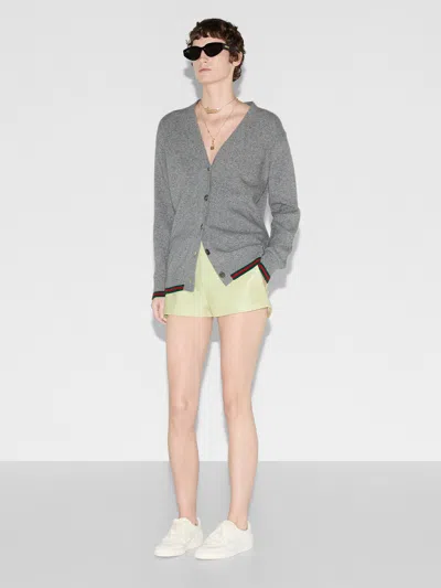 Gucci Wool And Cashmere Cardigan With Web In Gray