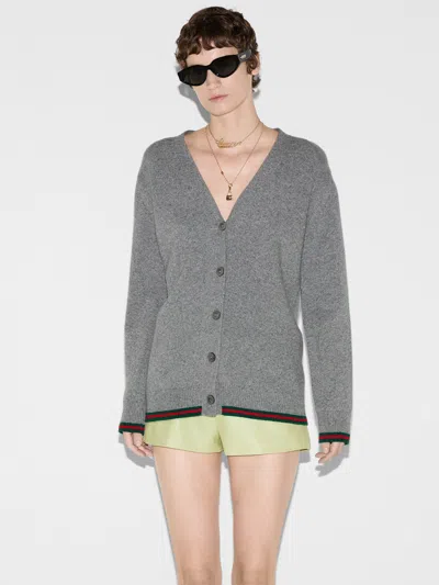 Gucci Wool And Cashmere Cardigan With Web In Gray